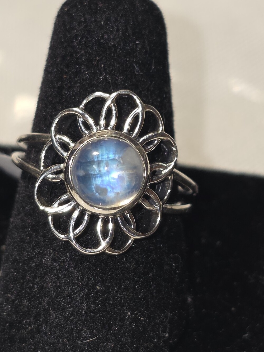 Sterling Silver 925 Flower Ring with Blue Moonstone Center